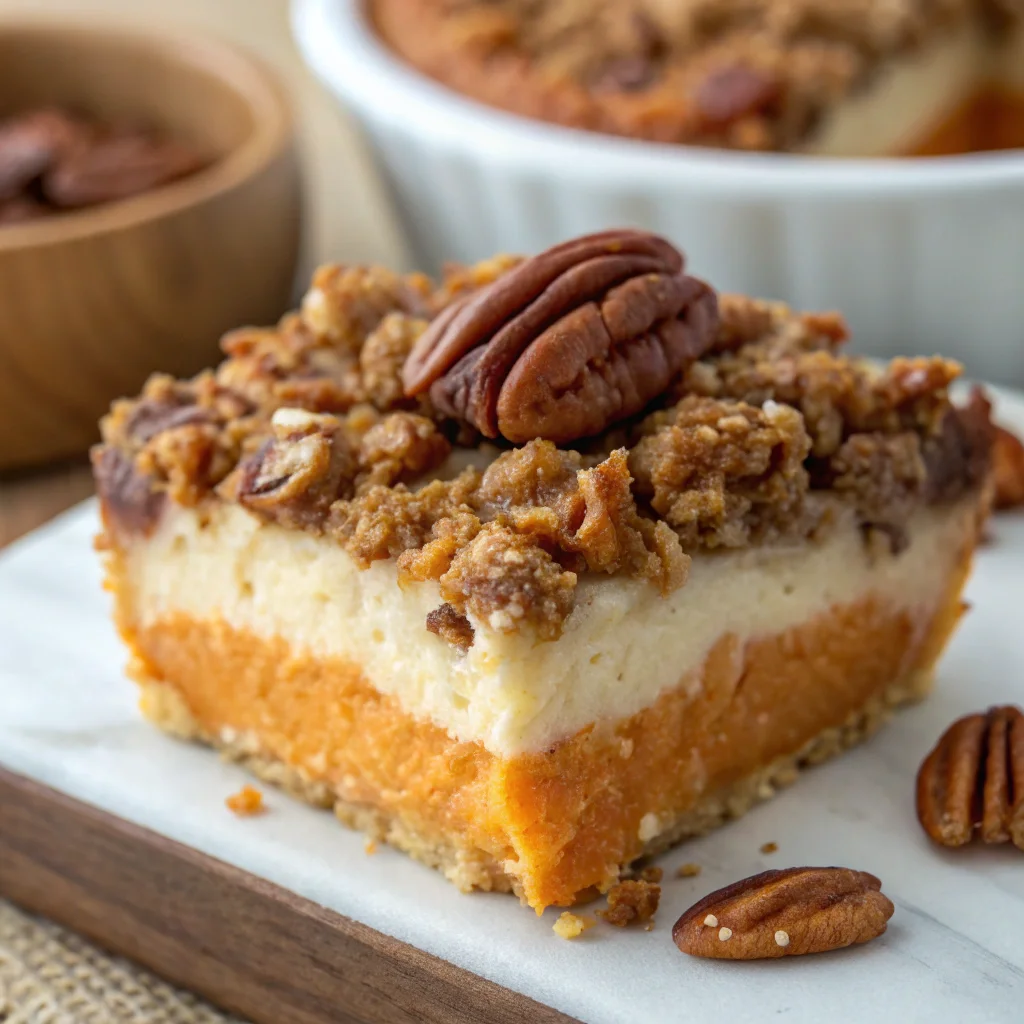 single instance of a sweet potato casserole with pecan topping showcasing the creamy sweet potato