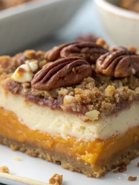 slice of a sweet potato casserole with pecan topping showcasing the creamy sweet potato
