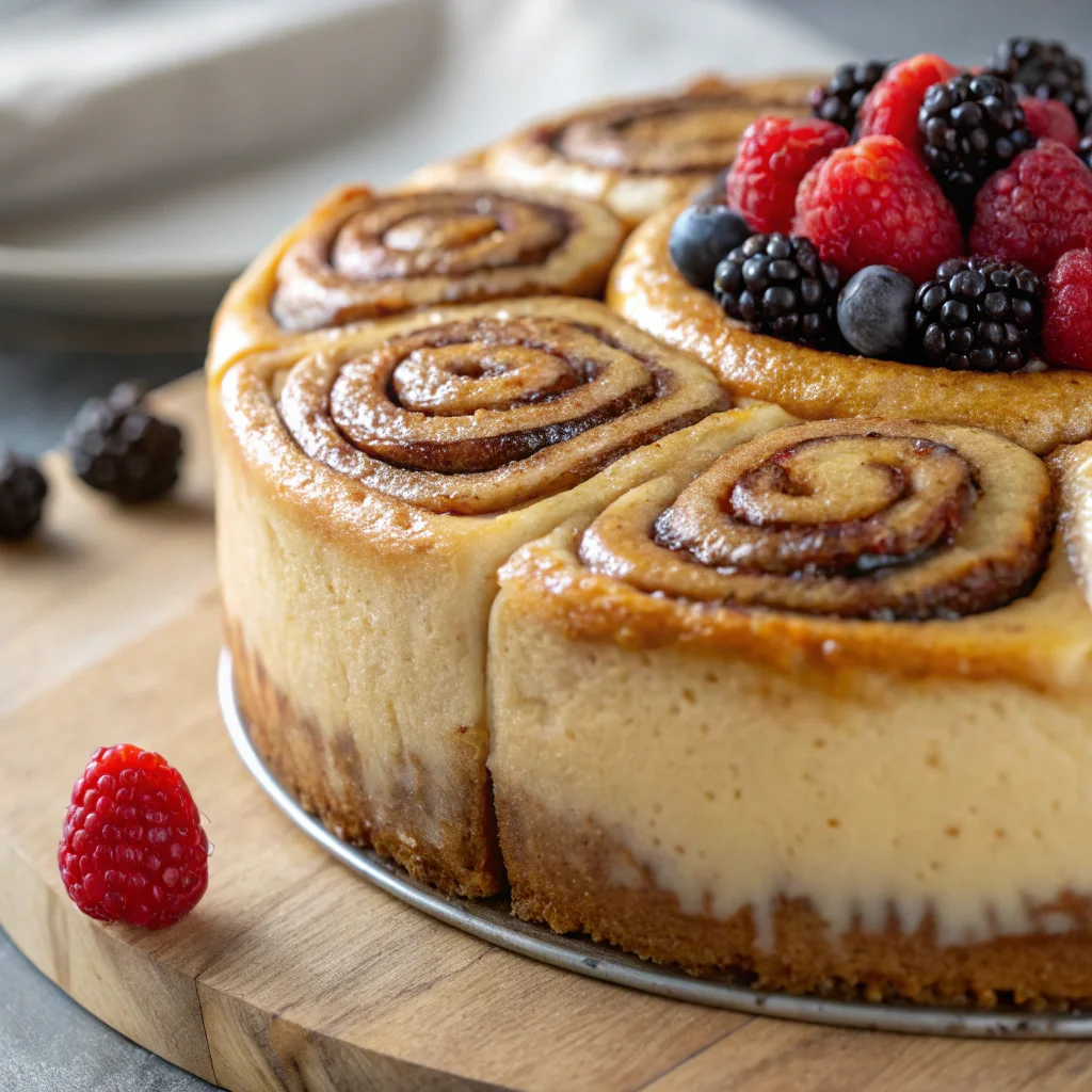 golden-brown cinnamon roll honeybun cheesecake with a glossy glaze, showcasing the swirled cinnamon patterns and topped with berries 