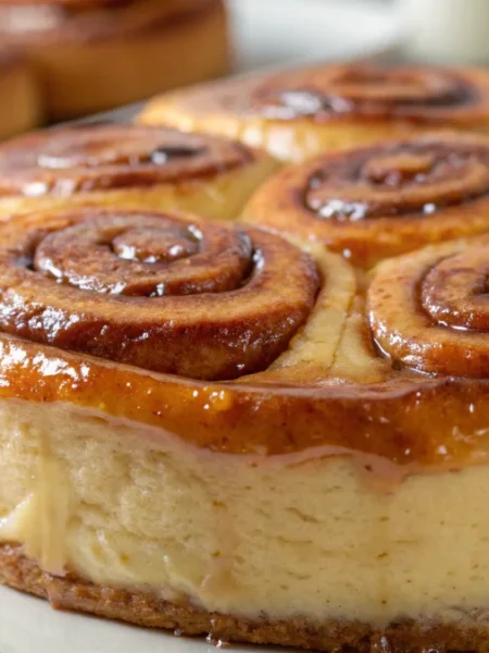 golden-brown cinnamon roll honeybun cheesecake with a glossy glaze, showcasing the swirled cinnamon patterns