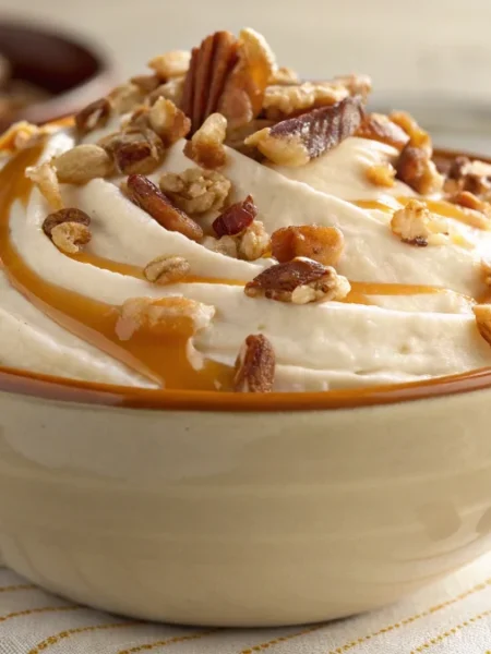 honey pecan cream cheese spread in a beautiful ceramic bowl with a sprinkle of chopped pecans on top