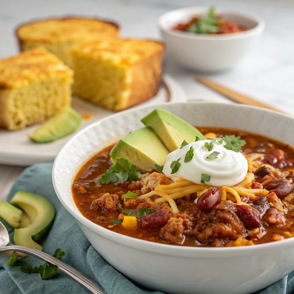 bowl of ground turkey chili garnished with avocado cheese and sour cream served with a side of cornbread