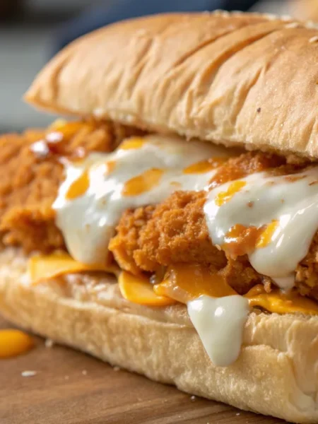 buffalo ranch chicken strip sandwich showing crispy chicken strips, creamy ranch dressing, and melted cheese on a toasted bun