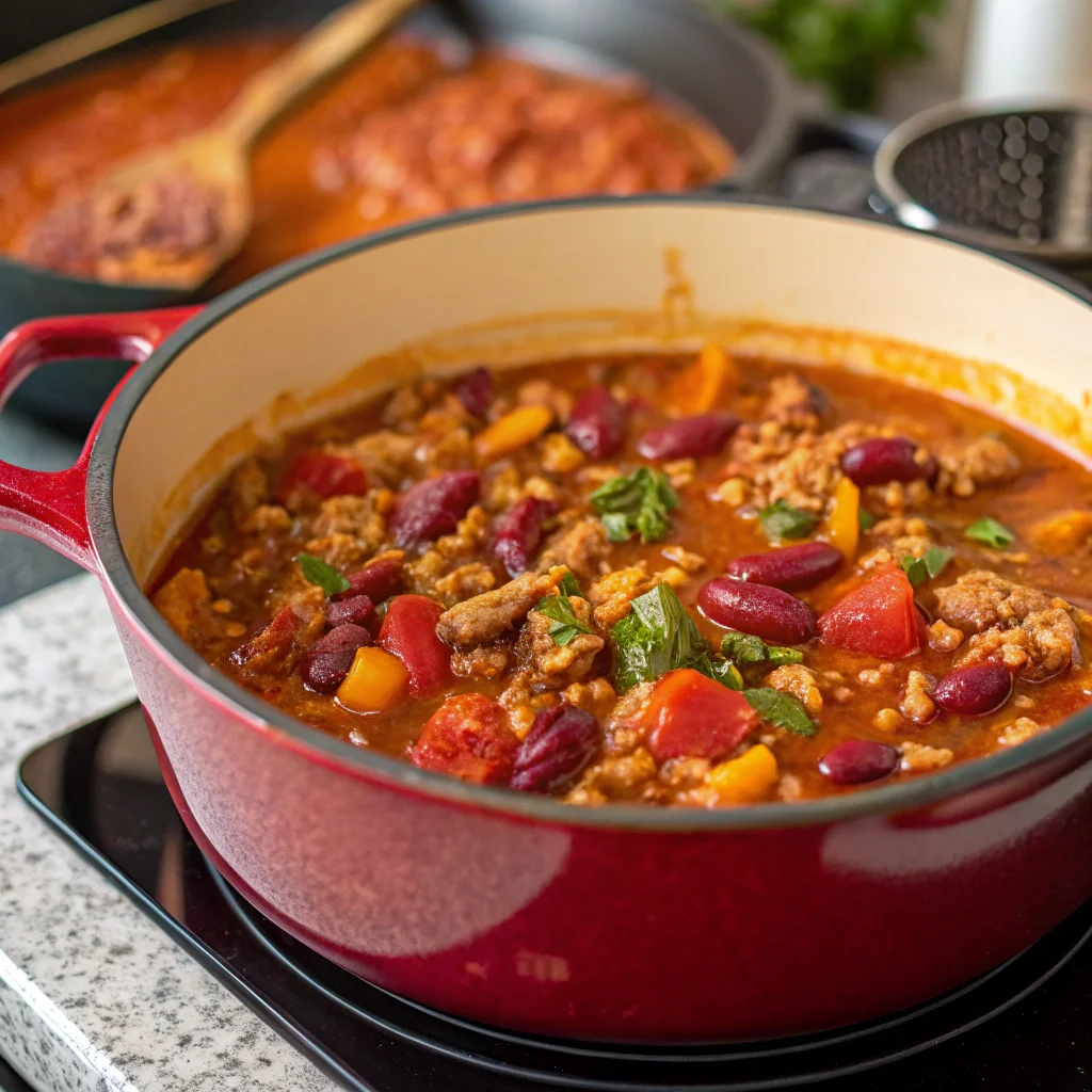 pot of ground turkey chili on the stove with  vibrant colors