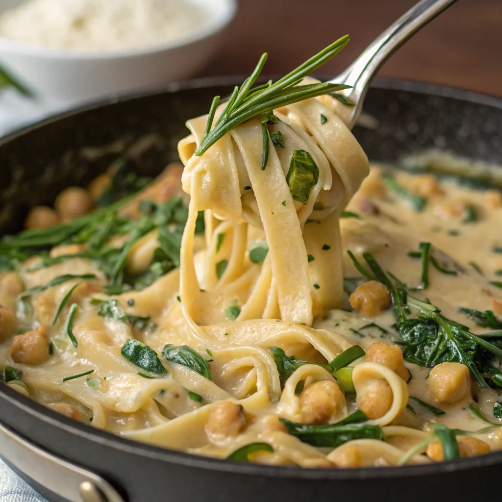 creamy chickpea pasta with spinach and rosemary being tossed together in a skillet highlighting the creamy sauce and fresh green spinach