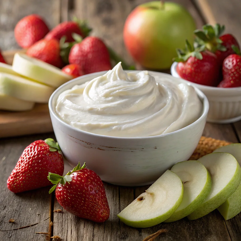 creamy fruit dip with marshmallow fluff surrounded