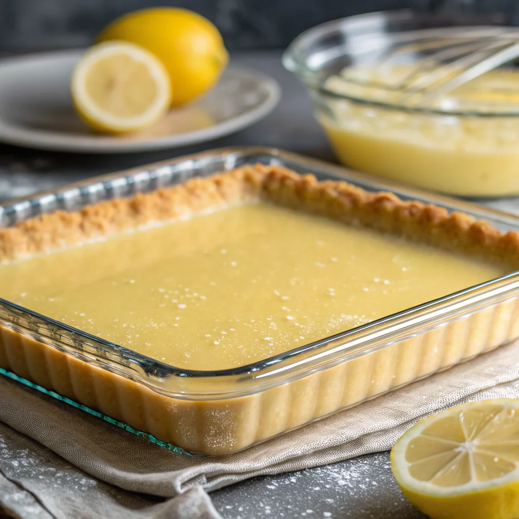 lemon cream cheese dump cake; a greased 9x13 inch baking dish ready for layering the lemon pie filling and other ingredients