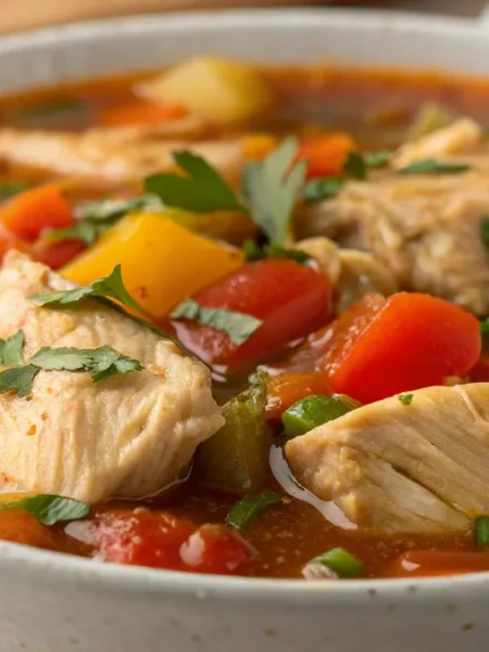 hearty chicken stew with tender chicken pieces and vibrant vegetables in a rich broth