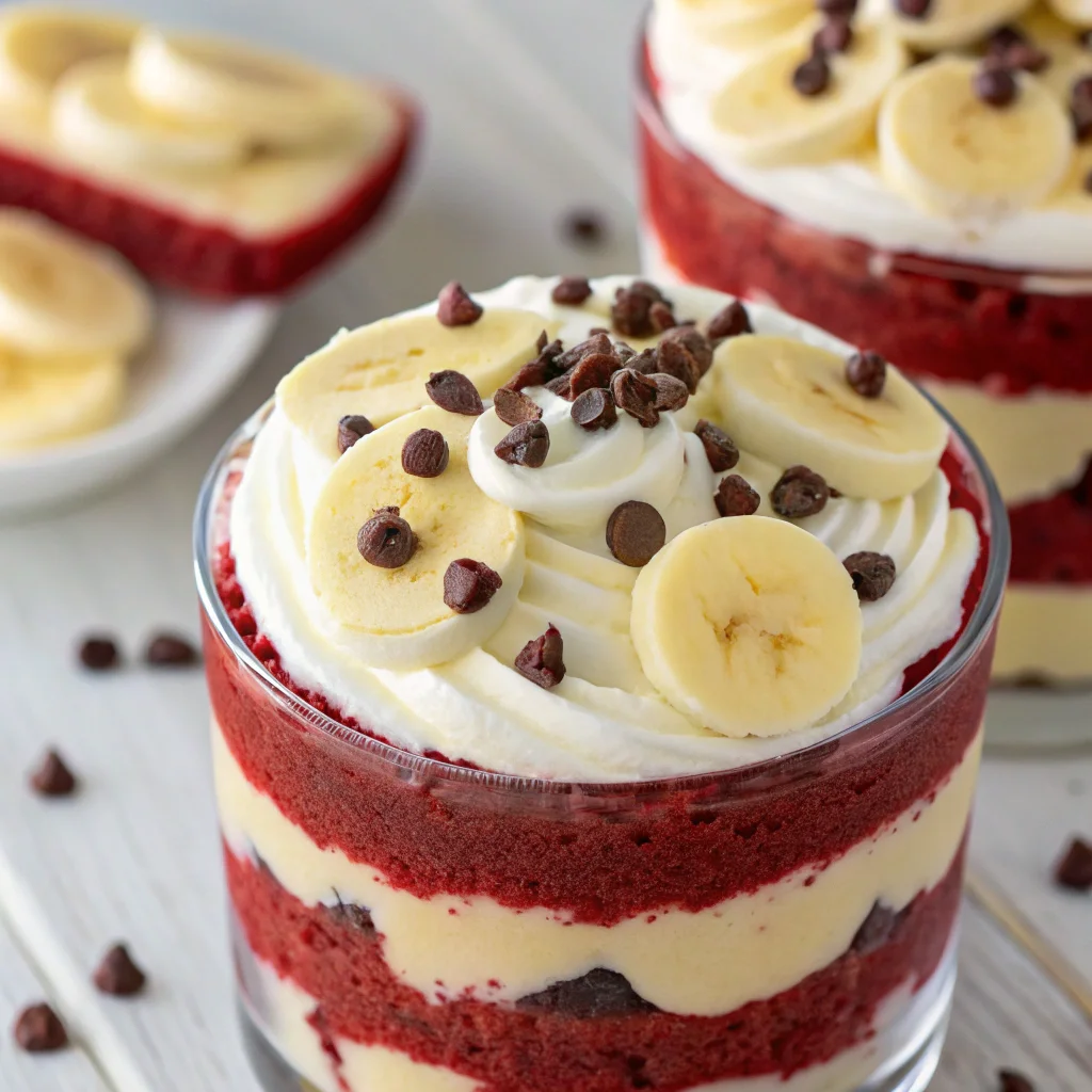 red velvet banana pudding with chocolate chips