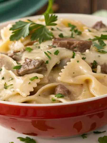 vibrant bowl of beef and bowtie pasta with alfredo sauce, sprinkled with fresh parsley and served on a white plate
