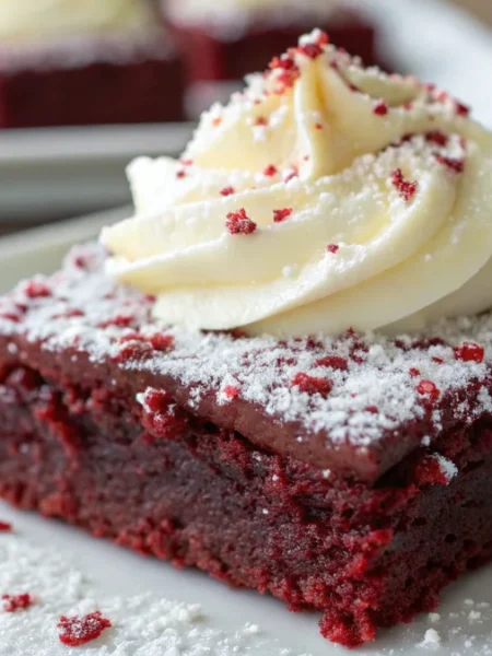 red velvet brownies from cake mix; red velvet red brownie topped with cream cheese frosting and a sprinkle of powdered sugar