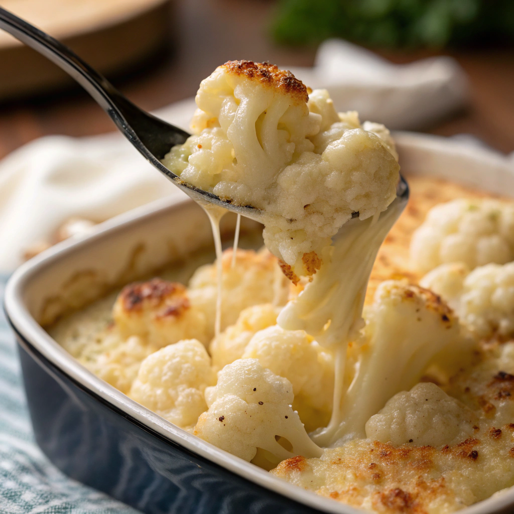 Close-up of a fork scooping up creamy keto cauliflower mac and cheese, displaying the rich texture of the cheese sauce and the soft cauliflower pieces.