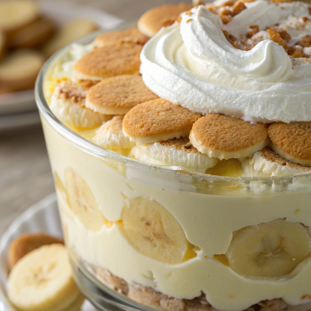 close-up of banana pudding with layers of wafers and creamy pudding, topped with whipped cream