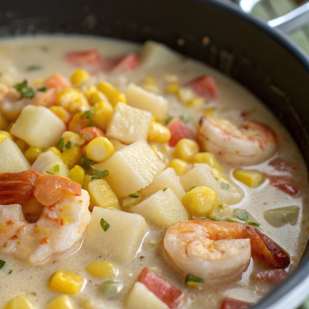 Close-up of diced Yukon Gold potatoes and sweet corn kernels simmering in a creamy shrimp corn chowder with potatoes.