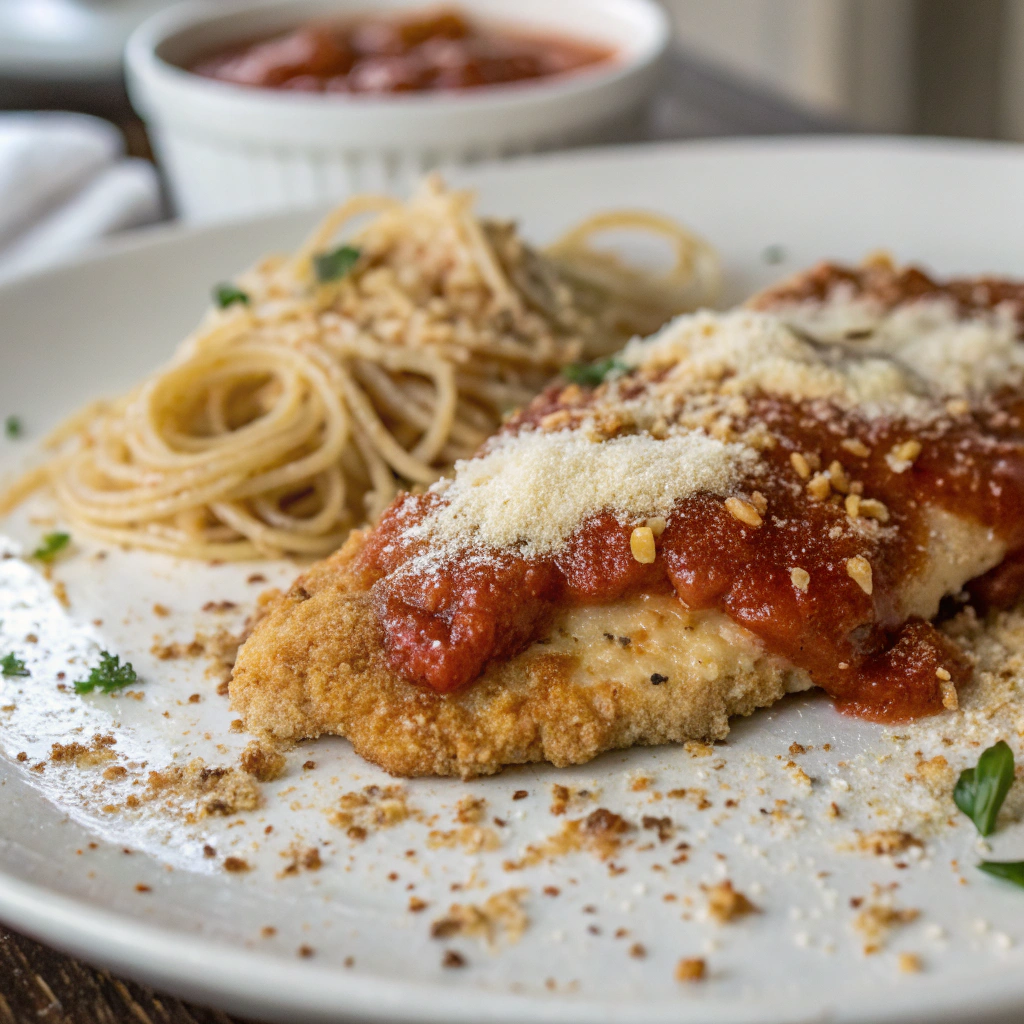 best chicken parm recipe; common mistakes when making chicken parmesan including over saucing the dish and under seasoning the breadcrumbs depicted with a plate showing uneven