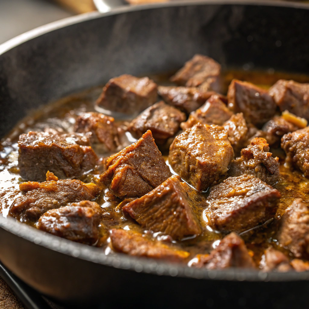 cooking beef stew meat in a skillet, sizzling with a golden-brown sear