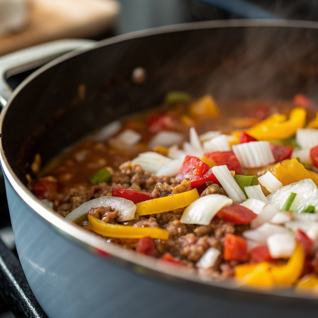 cooking the base of taco soup frios recipe with onions and bell peppers in a pot