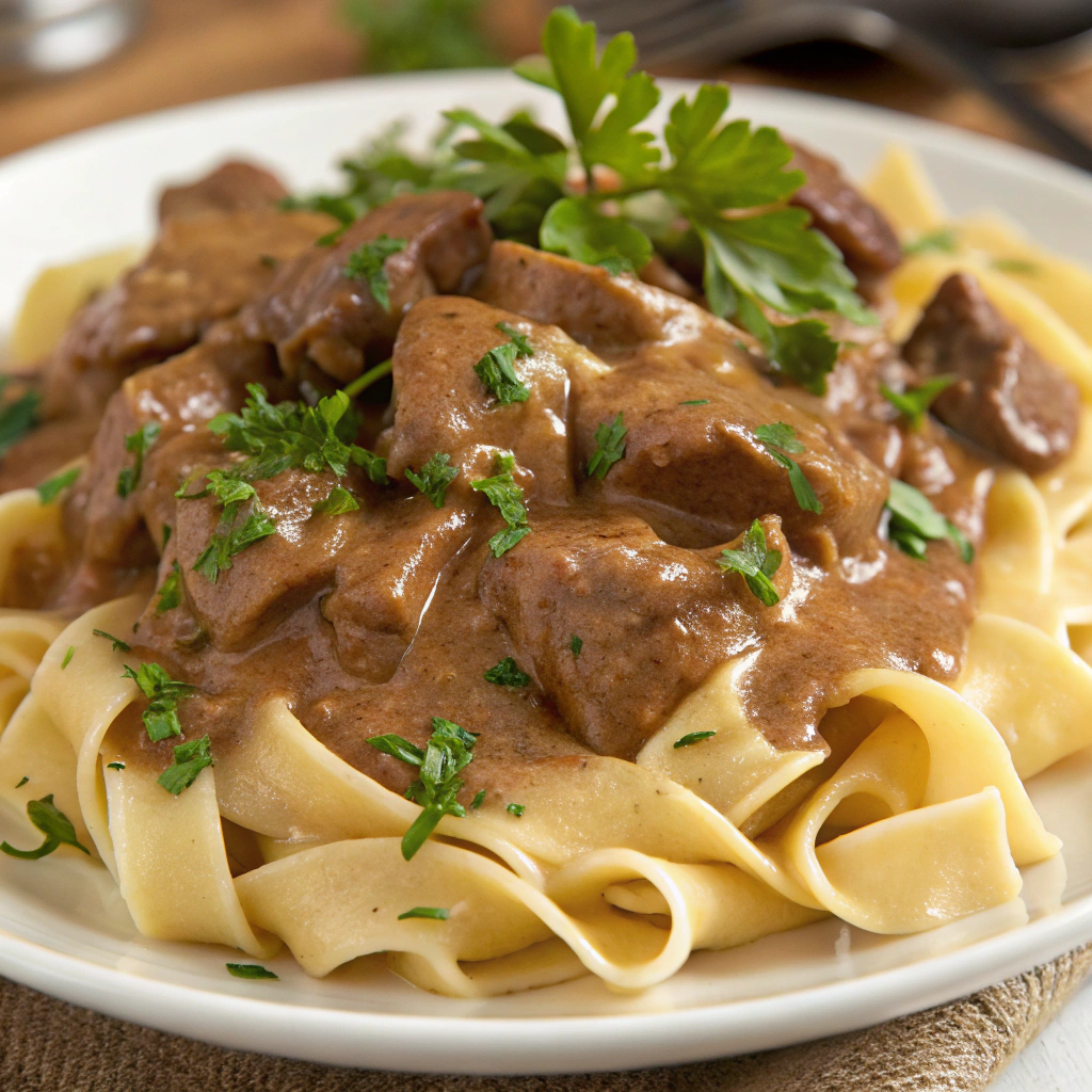 creamy beef stroganoff with stew meat served over egg noodles, garnished with parsley