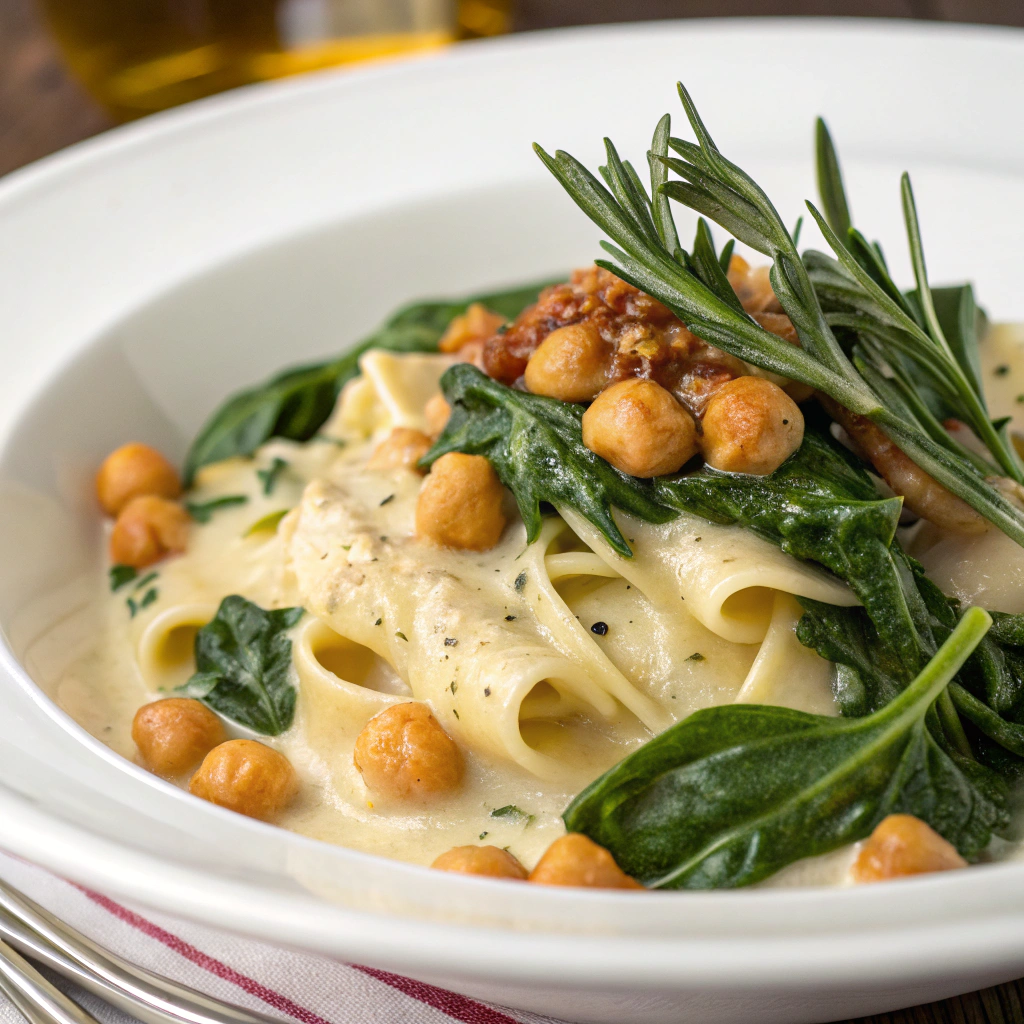 creamy chickpea pasta with spinach and rosemary plated beautifully, showcasing the creamy sauce, fresh spinach, and crispy chickpea garnish