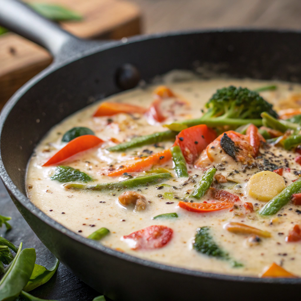 creamy-coconut-sauce-simmering-in-a-skillet-with-sautéed-vegetables-and-spices