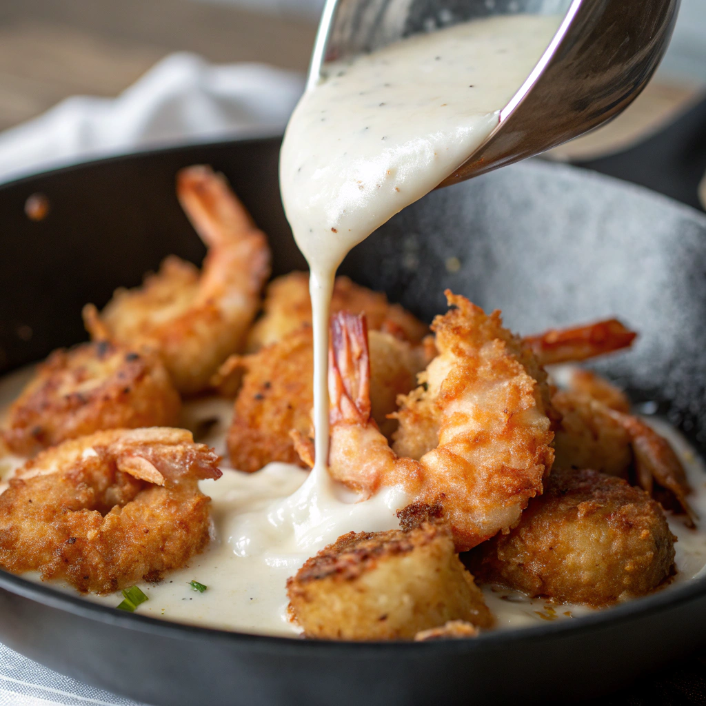 creamy coconut shrimp sauce being poured over fried shrimp in a skillet