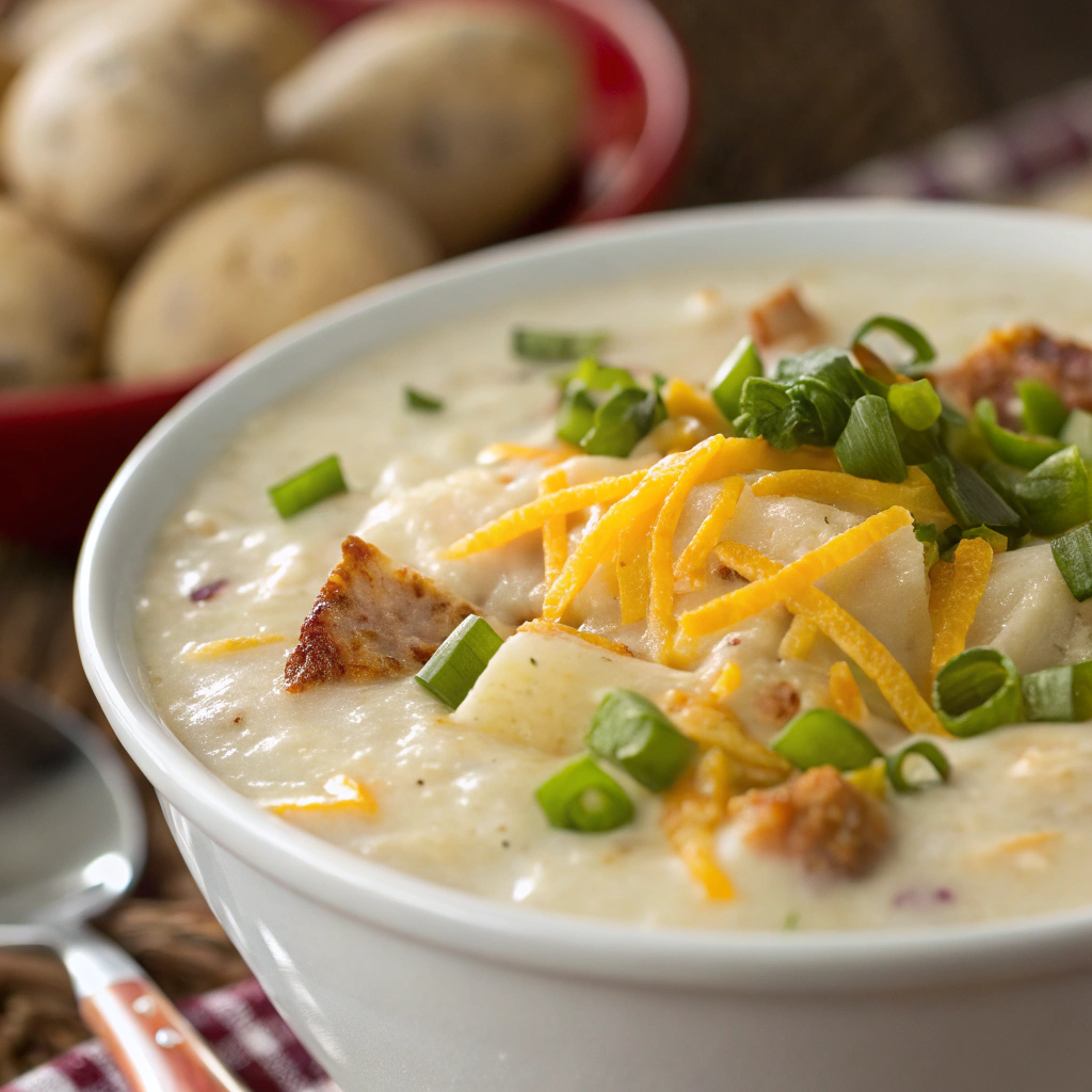 creamy crock pot crack potato soup with melted cheddar cheese and green onion garnish