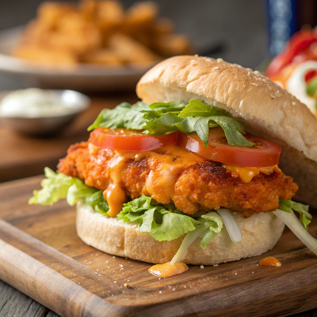 customized buffalo ranch chicken strip sandwich with added lettuce, tomato, and extra cheese, served on a toasted bun