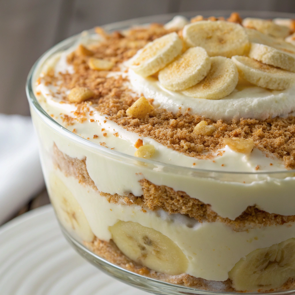 decorated banana pudding with crushed vanilla wafers and smooth creamy top layer