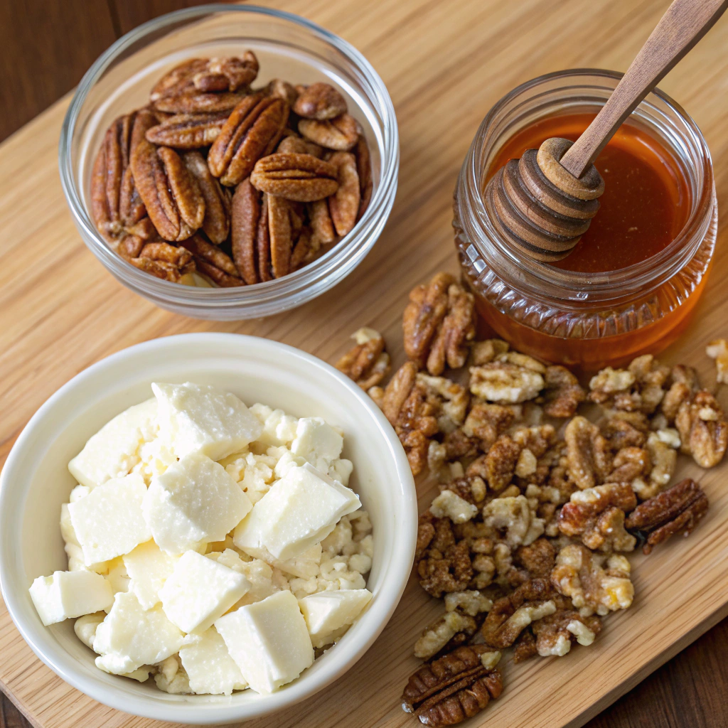 honey pecan cream cheese; detailed view of ingredients laid out on a wooden countertop softened cream cheese a jar of honey chopped pecans and crushed walnuts ready for prepara