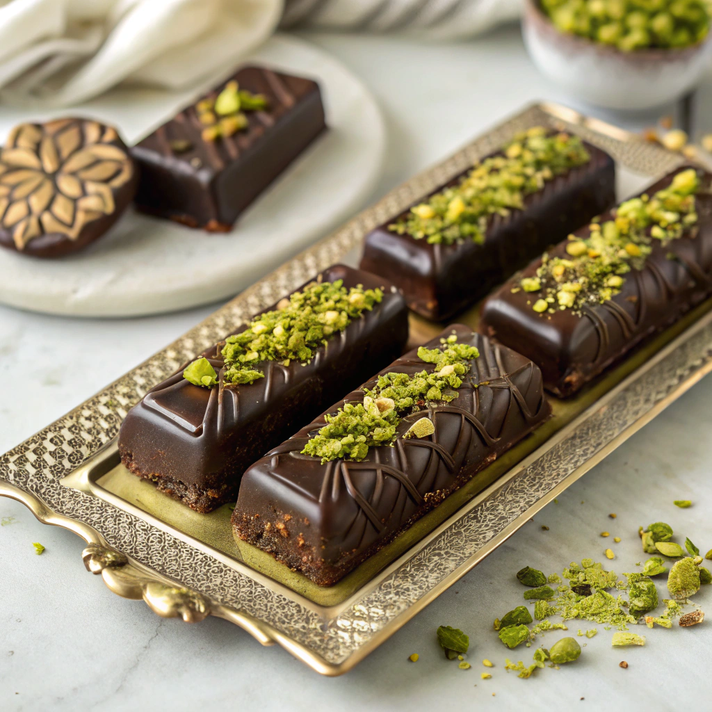 Elegantly decorated chocolate bars topped with crushed pistachios, arranged on a decorative platter ready to be served or gifted.