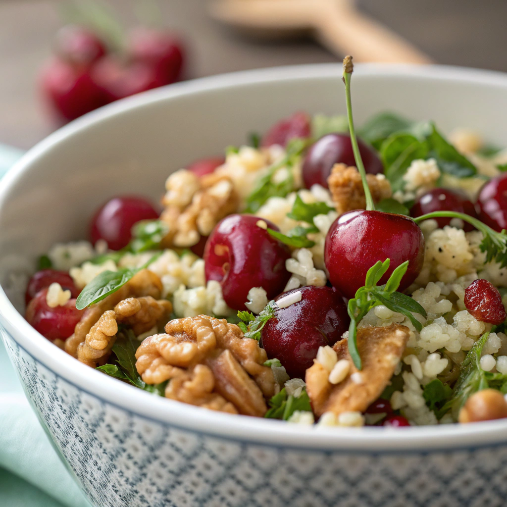 features a close-up of a bowl filled with bulgur cherry walnut salad showcasing vibrant red cherries, toasted walnuts, and fresh green herbs mixed with fluffy bulgur grains