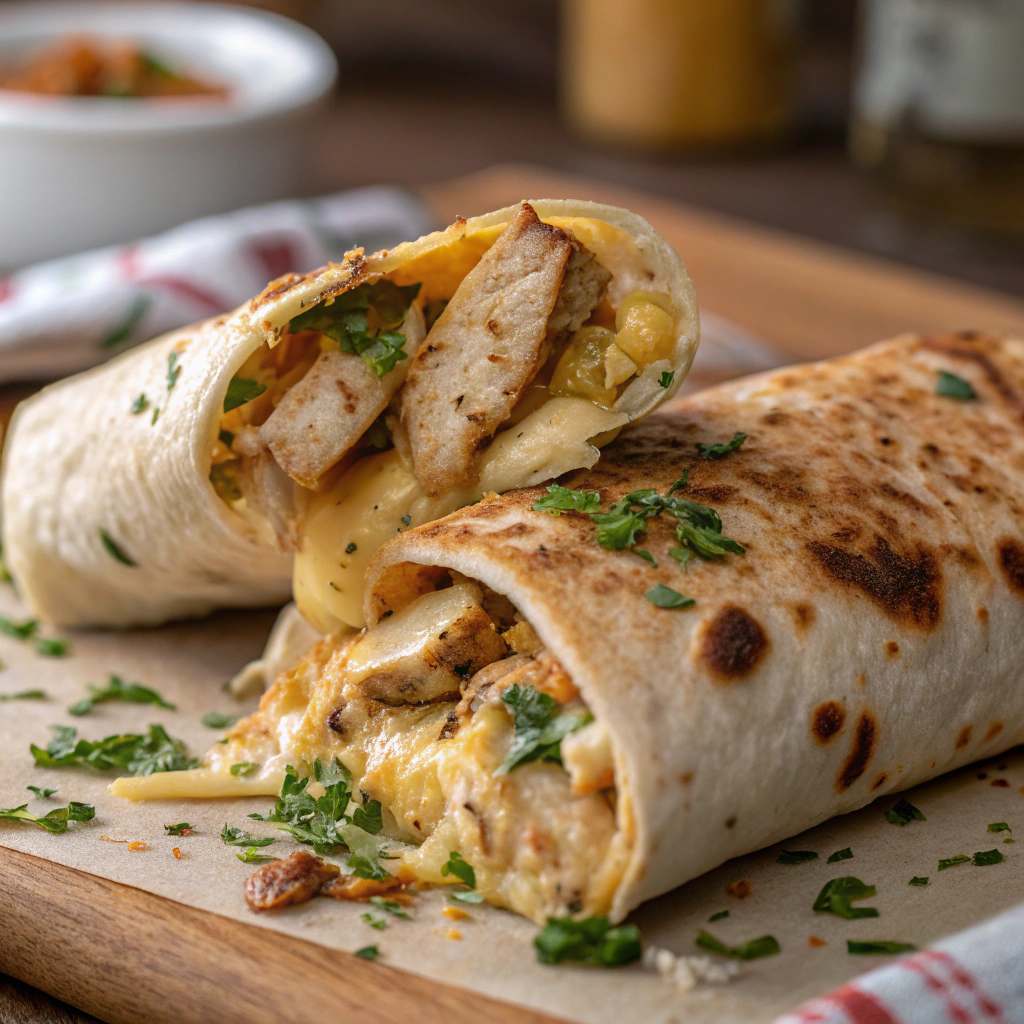 features a close-up of a cheesy garlic chicken wrap, showing the golden-brown tortilla with melted cheese oozing out and herbs sprinkled on top