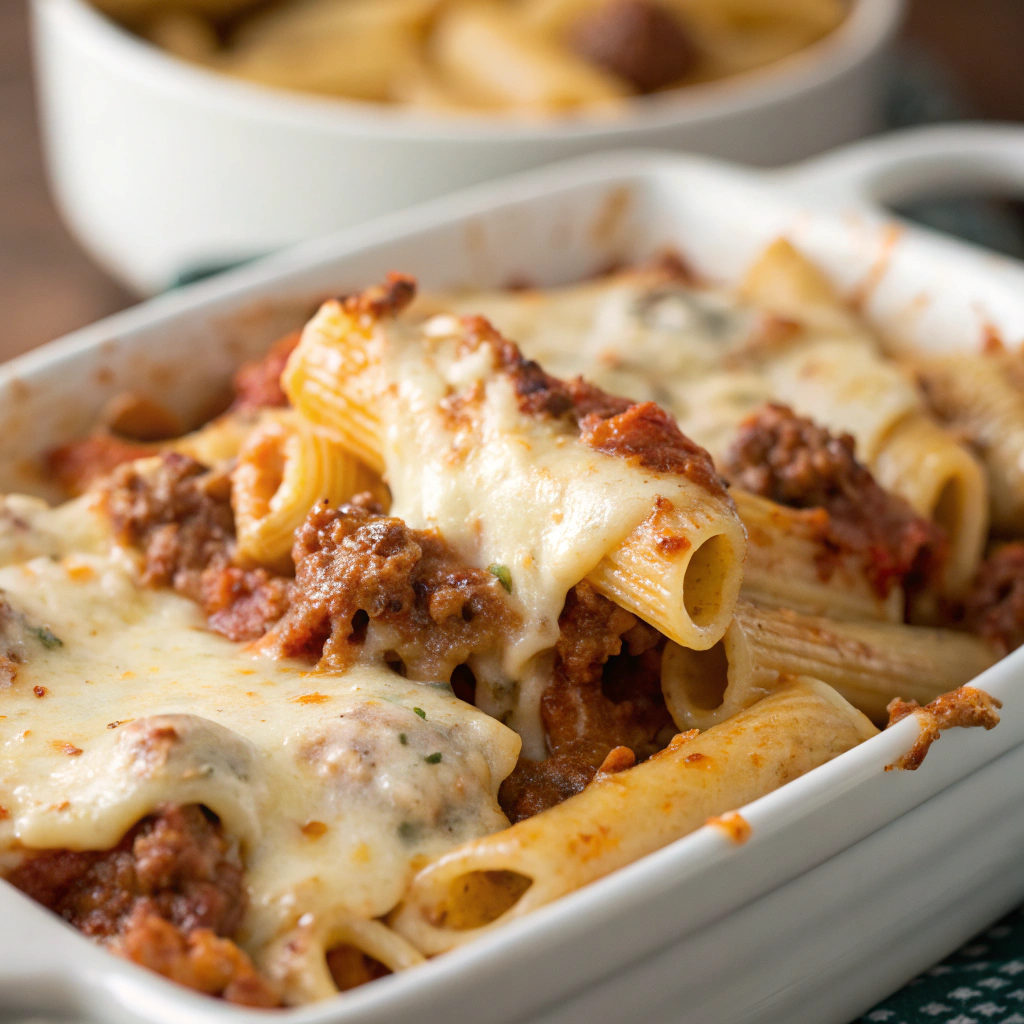 features a close-up of a creamy baked ziti with ground beef, showcasing melted mozzarella and parmesan cheeses bubbling on top