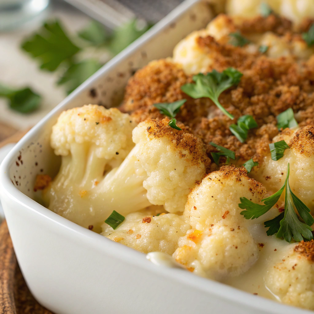 keto cauliflower mac and cheese; features a close up of a creamy keto cauliflower mac and cheese with golden brown topping showcasing tender cauliflower florets coated in a rich chees