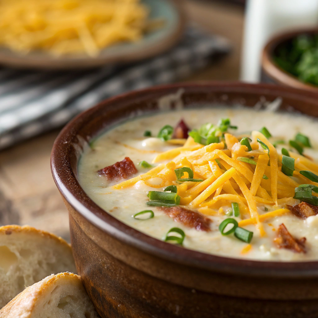 features a close-up of a creamy loaded baked potato soup in a rustic crock pot, topped with shredded cheddar cheese and fresh chives