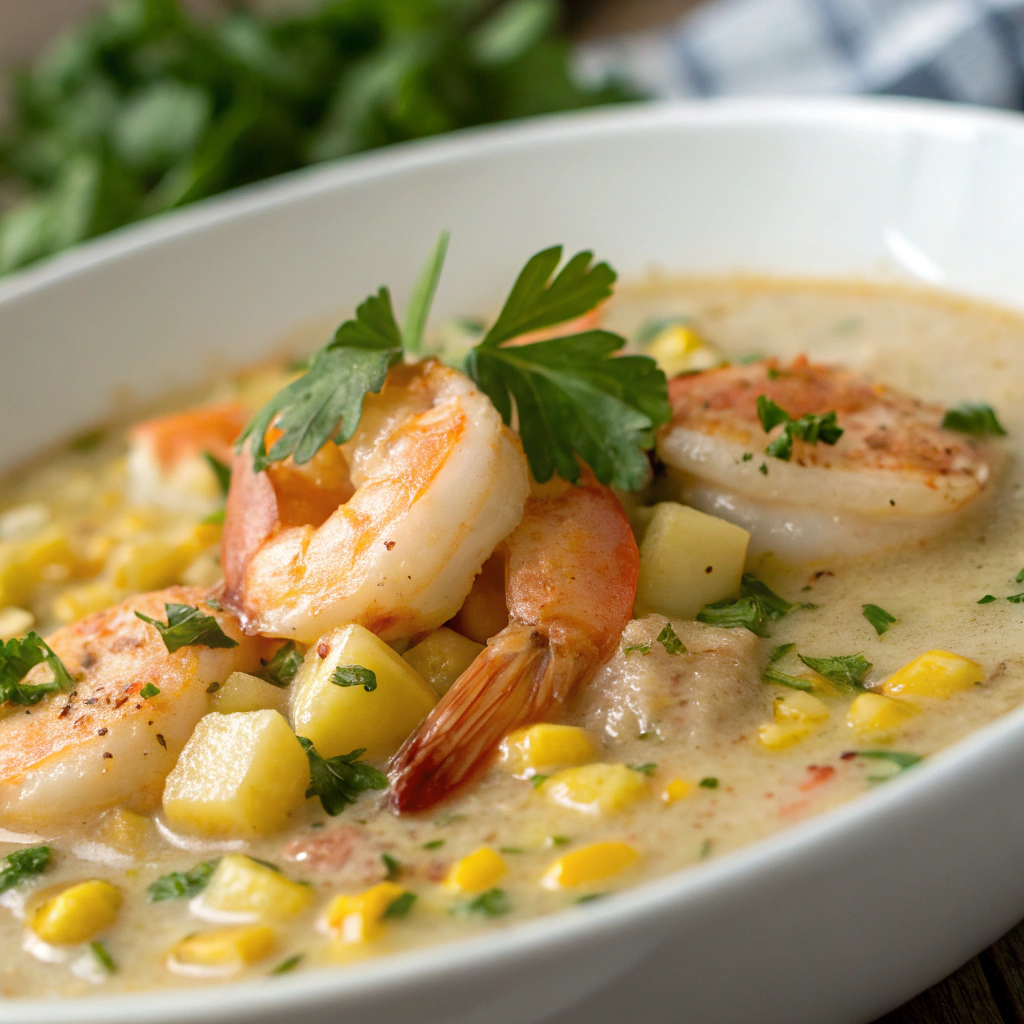 shrimp corn chowder with potatoes; features a close up of a creamy shrimp corn chowder with potatoes showcasing tender shrimp and sweet corn in a rich thick broth with green parsley spr