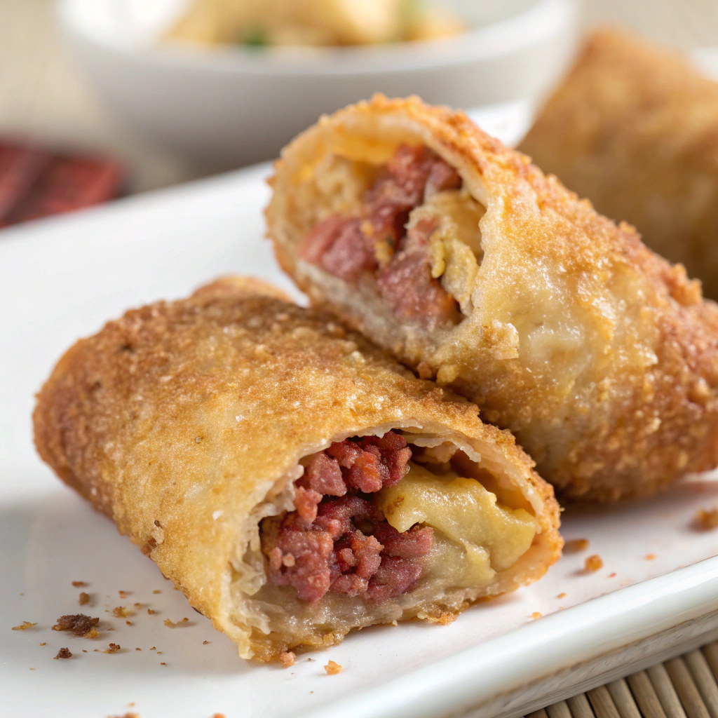 features A close-up of a crispy corned beef egg roll with golden-brown shell and a hint of filling visible.