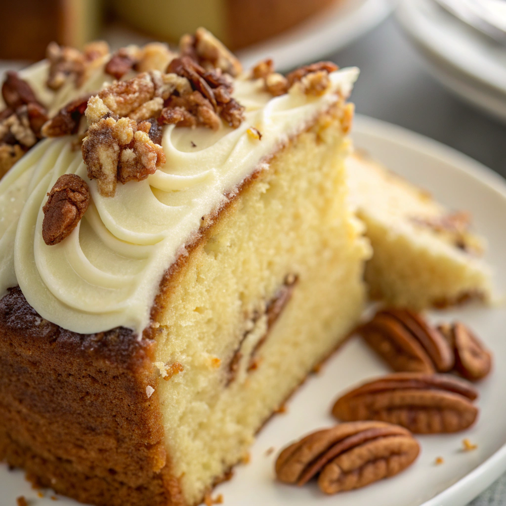 features a close-up of a golden-brown butter pecan pound cake slice with a glossy cream cheese frosting swirled on top