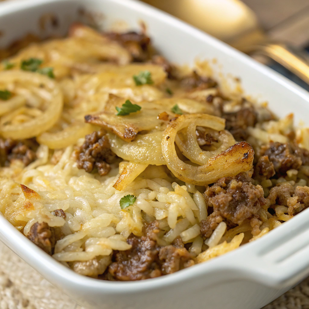 french onion ground beef and rice casserole; features a close up of a golden brown french onion ground beef and rice casserole showcasing the perfectly melted cheese and tender rice grains intert