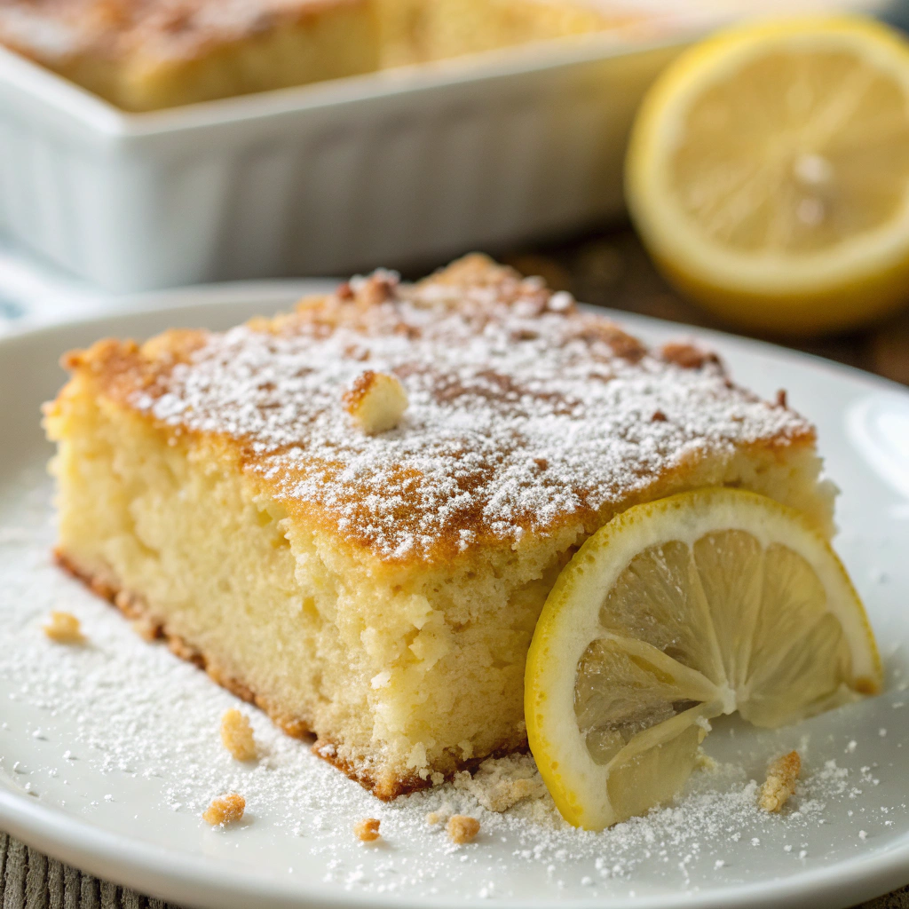 lemon cream cheese dump cake; features a close up of a golden brown lemon cream cheese dump cake slice on a white plate garnished with a lemon slice and a sprinkle of powdered suga