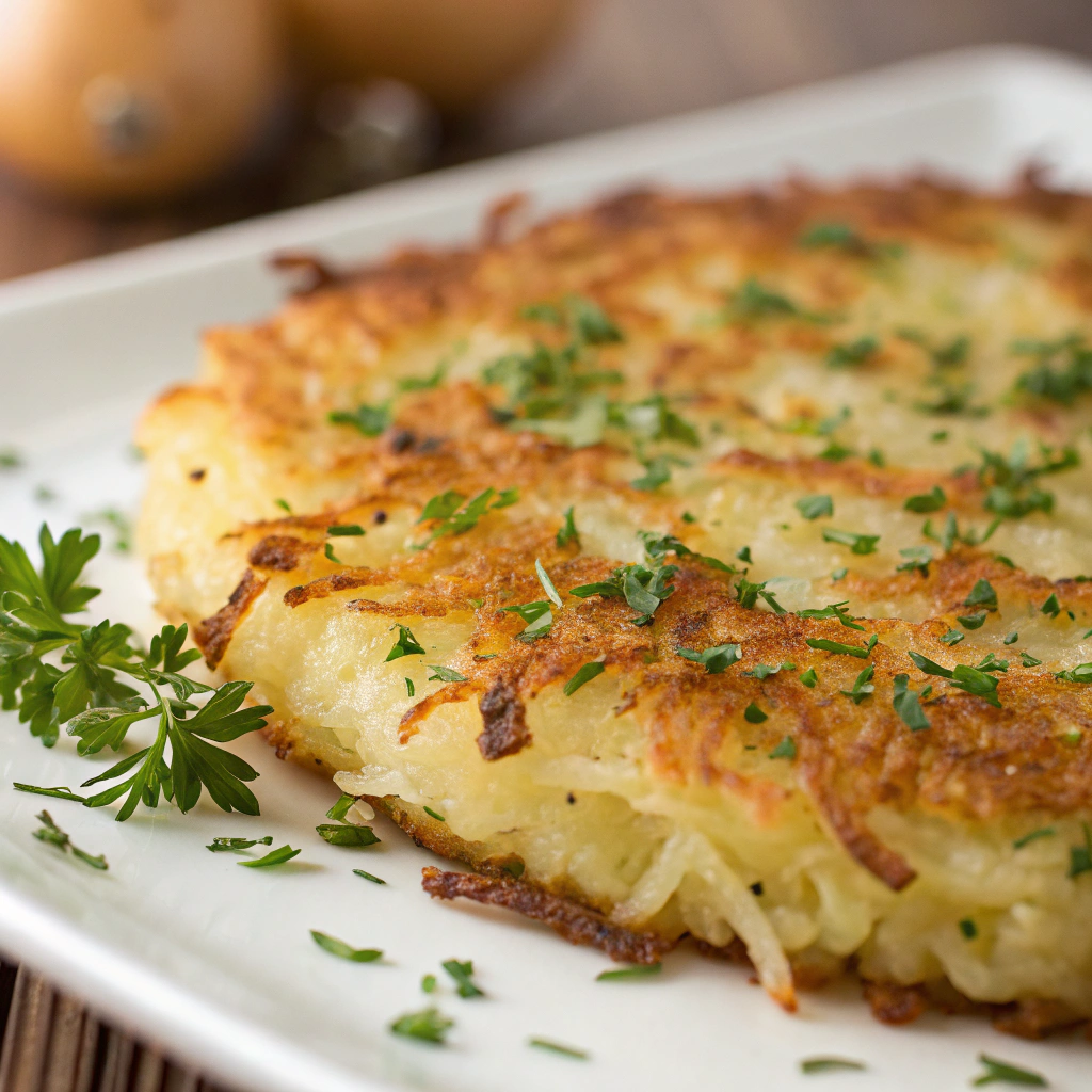 features a close-up of a golden-brown parmesan garlic hash brown with a sprinkle of fresh herbs