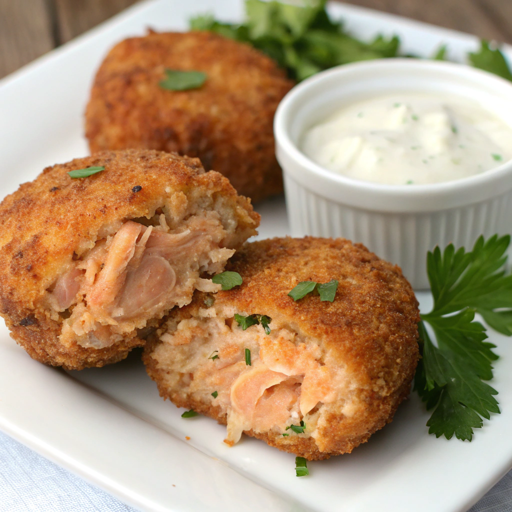 salmon croquette recipe; features a close up of a golden brown salmon croquette showcasing its crispy exterior and flaky interior the croquette is arranged neatly on a white p