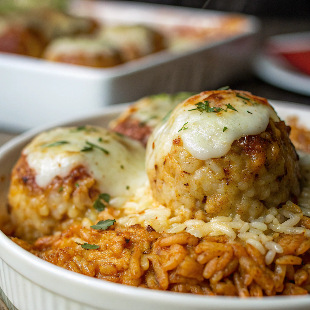 features a close-up of a golden-brown sicilian rice ball casserole with melted mozzarella cheese on top