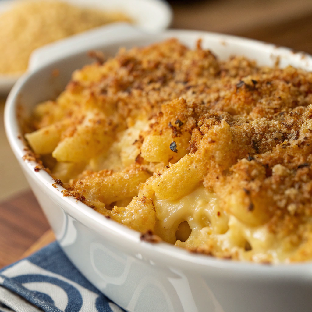 features a close-up of a golden-brown smoked mac n cheese topped with crispy panko crumbs