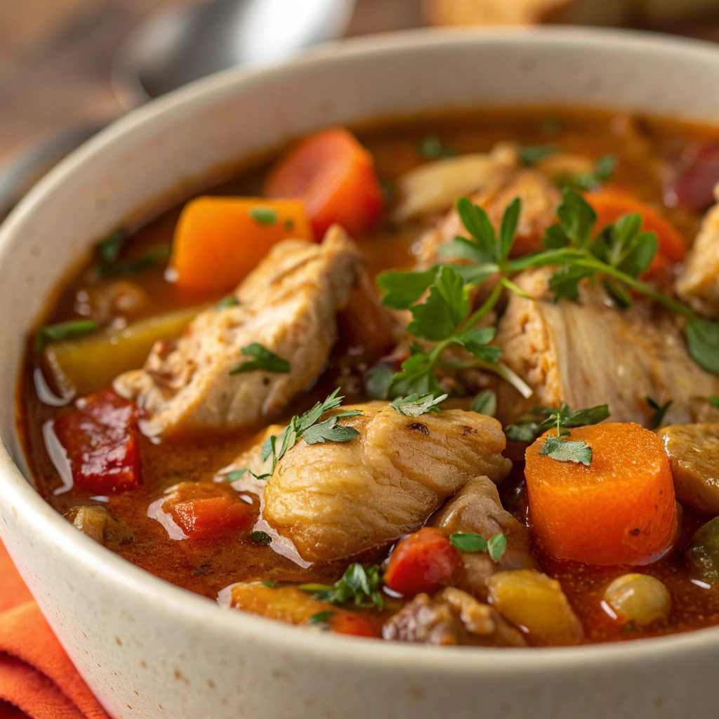 features A close-up of a hearty chicken stew with tender chicken pieces and vibrant vegetables simmering in a rich broth.