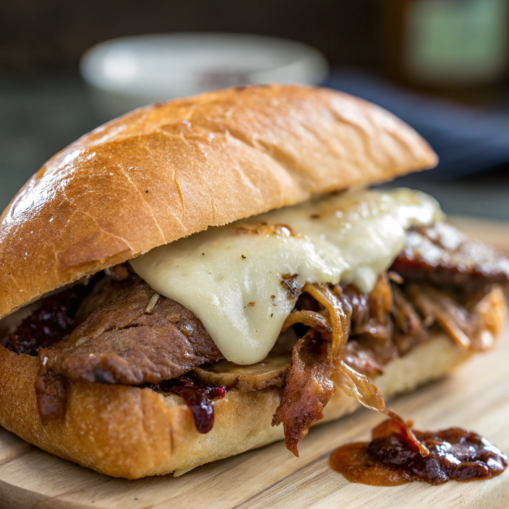 features A close-up of a juicy hot roast beef sandwich with melted mozzarella and caramelized onion jam on a golden garlic roll