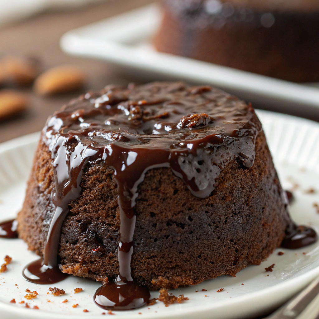 features A close-up of a moist microwave chocolate pudding cake with a rich chocolate sauce bubbling on top