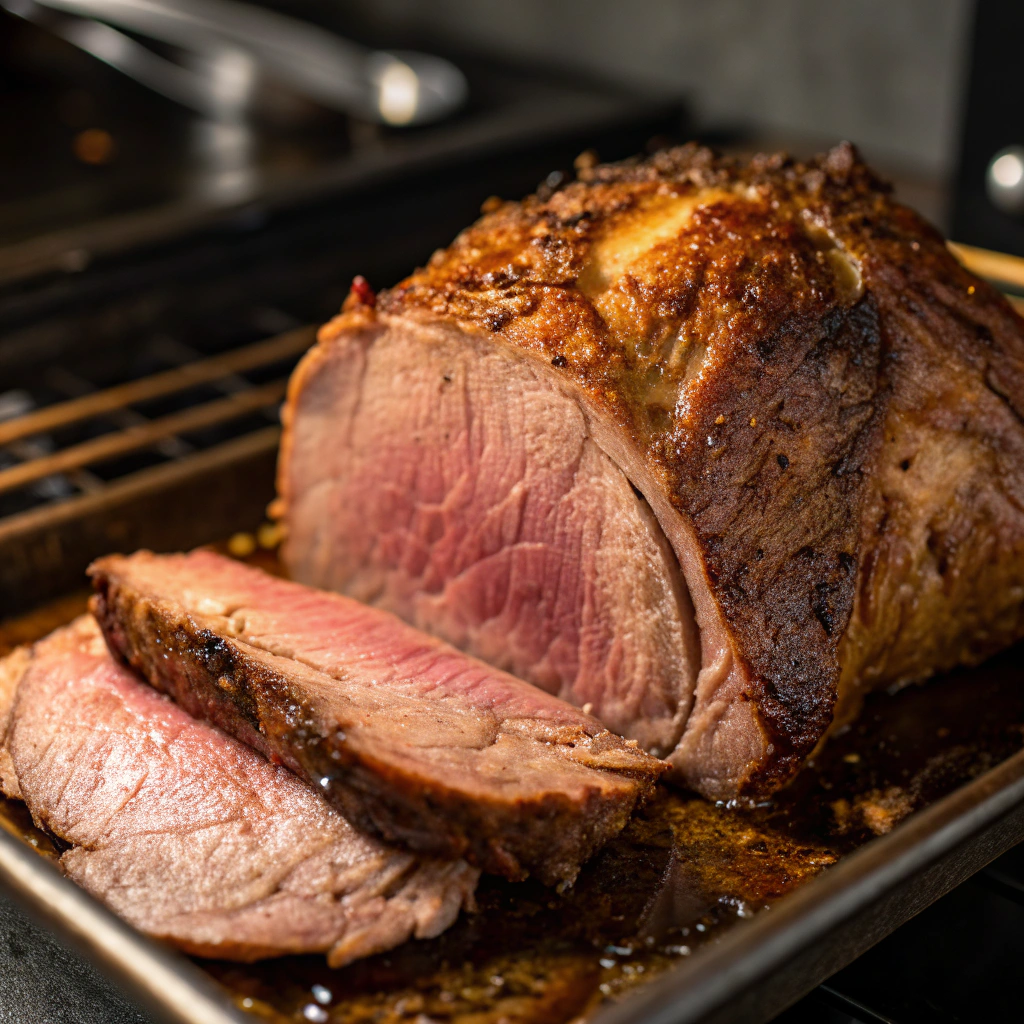 features a close-up of a perfectly roasted beef roast in the oven, showcasing its golden-brown crust and tender interior