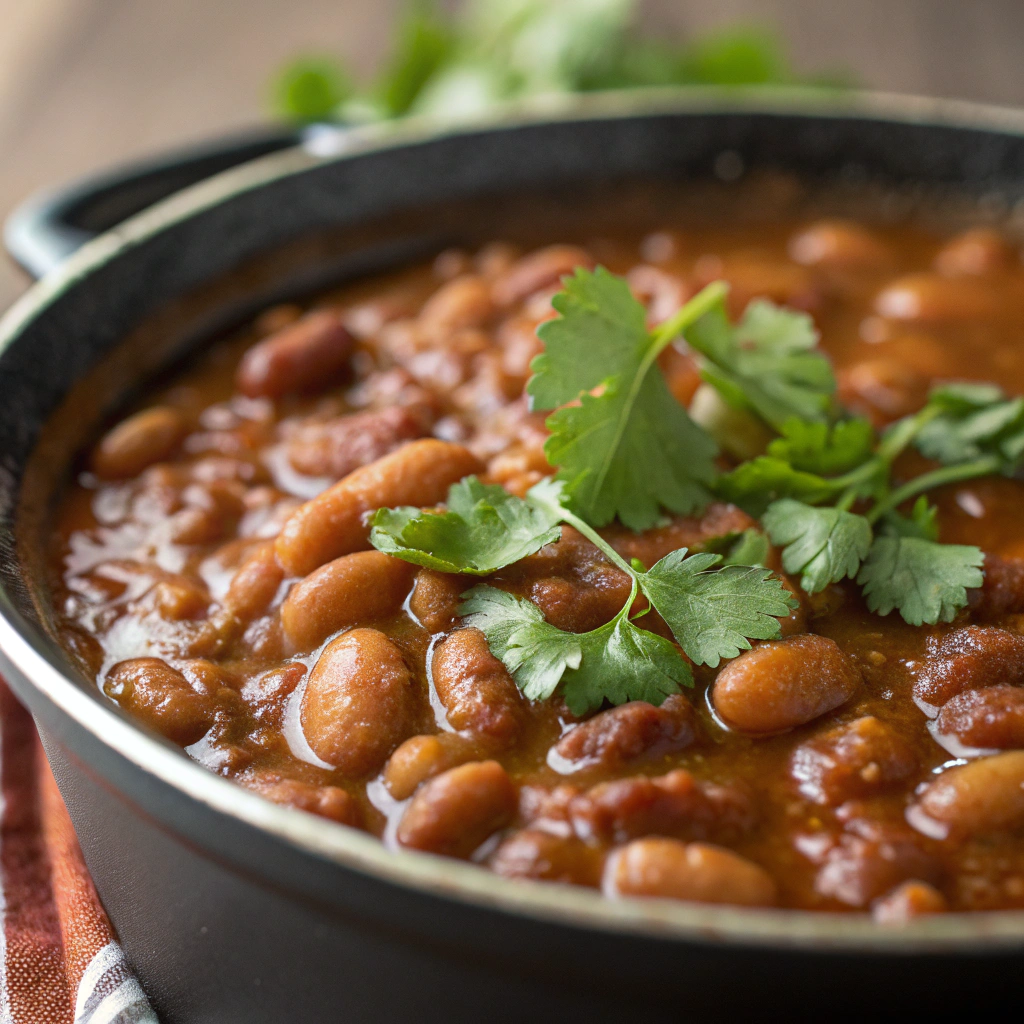 ranch style beans; features a close up of a pot of ranch style beans showcasing the tender pinto beans glistening in a rich chili gravy with a sprinkle of fresh cilantro