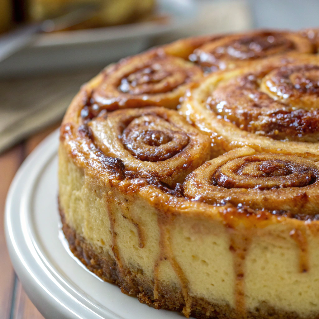 features a close-up of a rich, golden-brown cinnamon roll honeybun cheesecake with a glossy glaze, showcasing the swirled cinnamon patterns on top